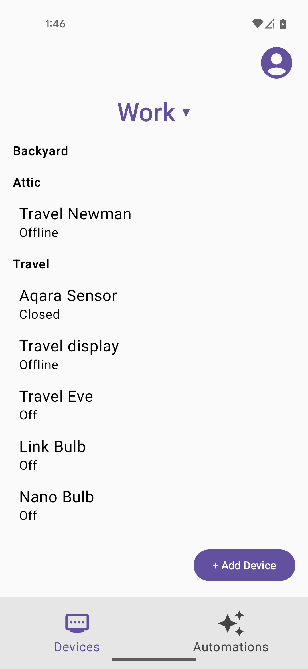 Home API 範例應用程式的「Devices」分頁。