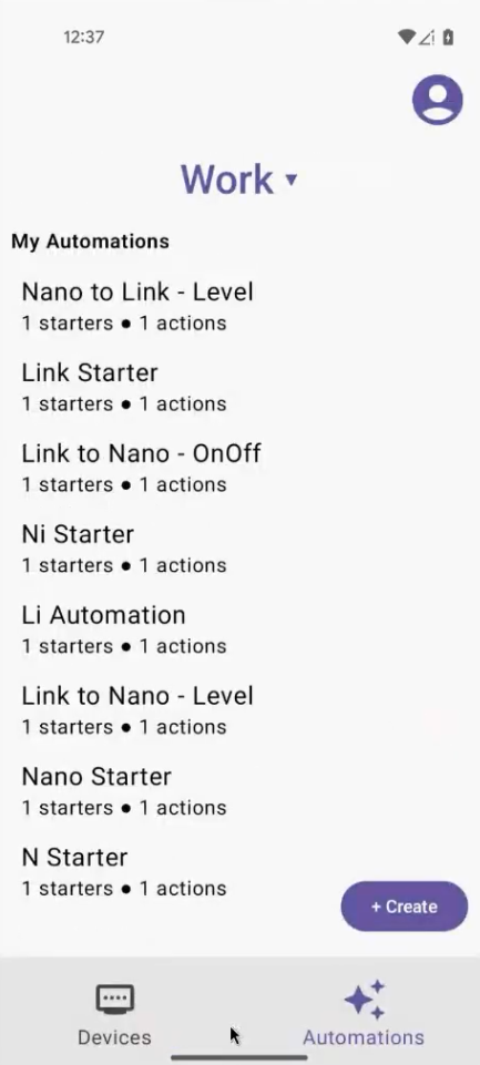 Home API 範例應用程式的「自動化動作」分頁。