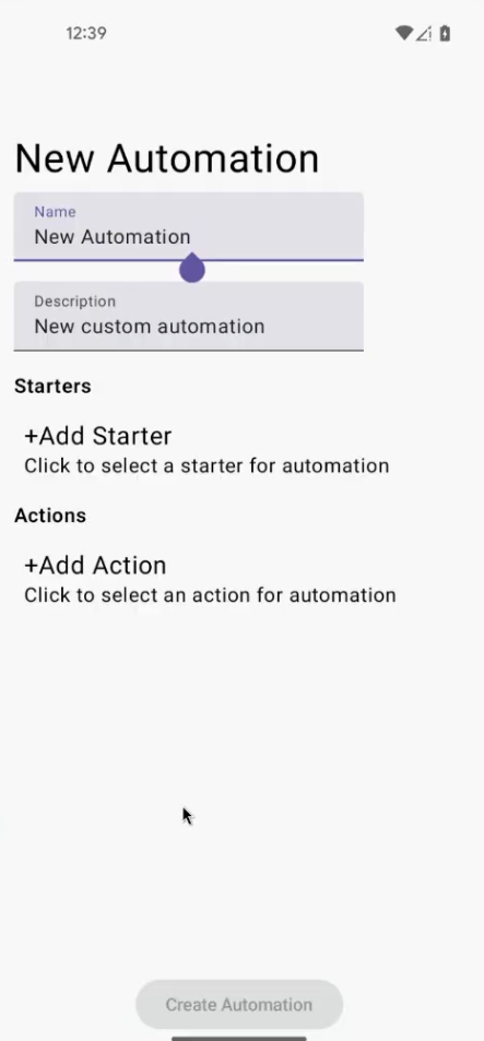 Sample app screen for starting a new automation.