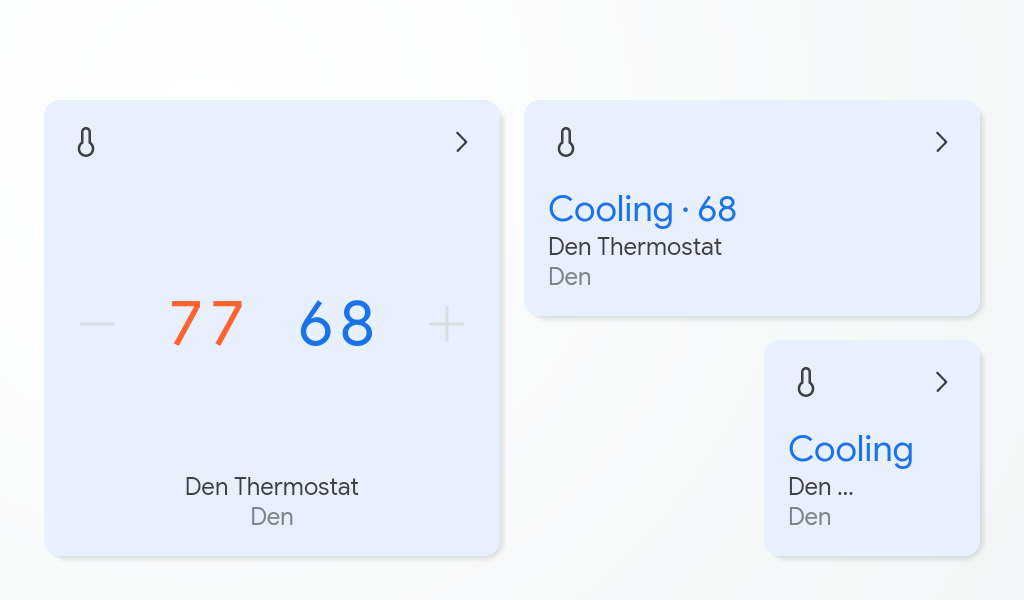 Auf diesem Bild sind Touchbedienungen zu sehen, mit denen die Temperatur eines Thermostats über die Ansicht mit Kacheln auf Smart Displays mit Google Assistant gesteuert wird.