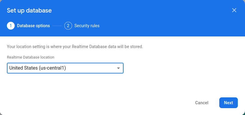 [データベースを設定] ダイアログの [Realtime Database のロケーション] プルダウン メニュー