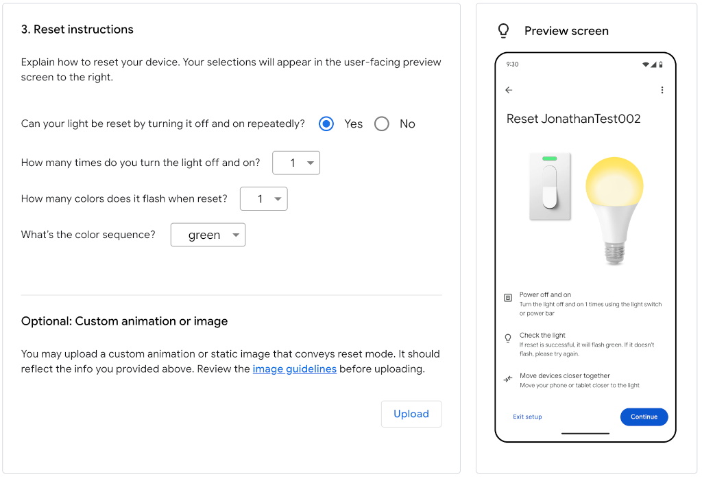 Bildschirm zum Konfigurieren des Geräteresets.