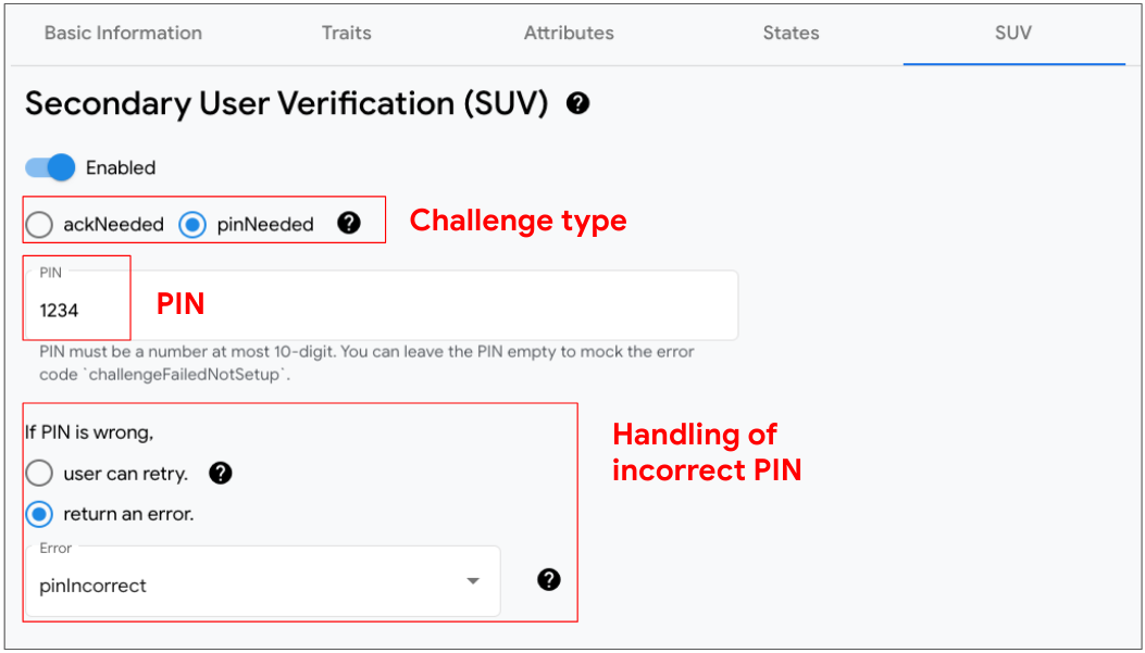 En esta imagen, se muestra la herramienta de UX para habilitar atributos de verificación secundaria del usuario en un dispositivo seleccionado en Google Home Playground.