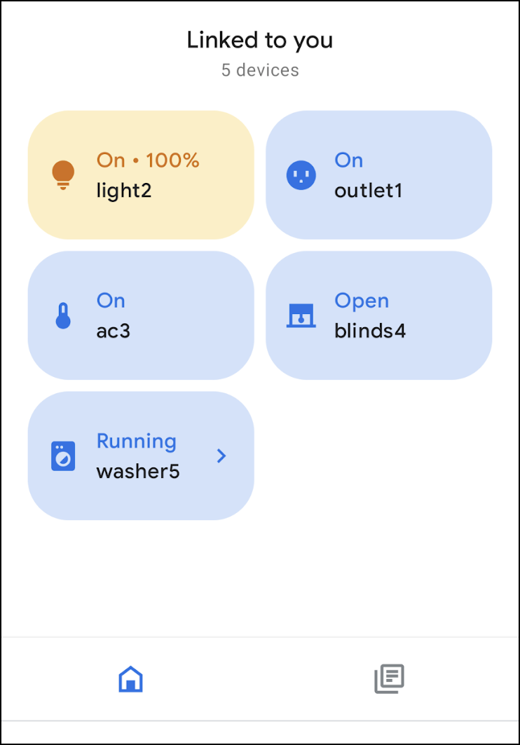 En esta imagen, se muestra la lista de dispositivos predeterminada que se completa cuando un usuario vincula correctamente Google Home Playground a su cuenta.