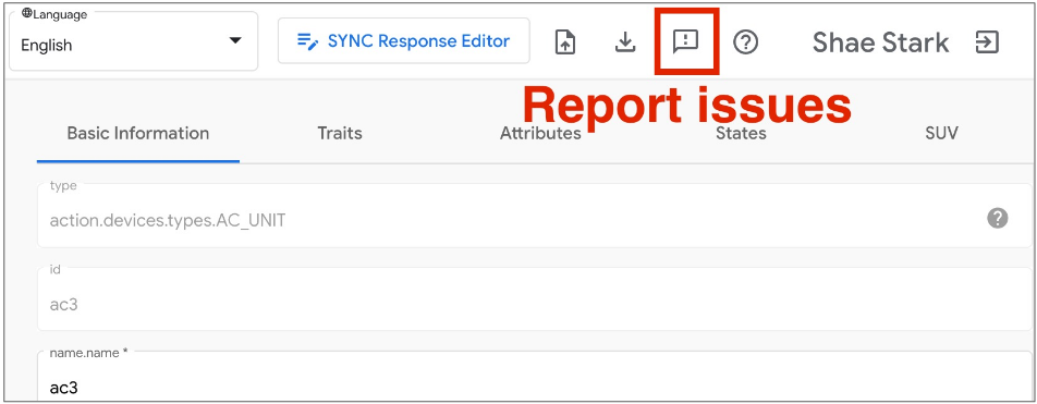 Esta figura mostra os ícones para enviar feedback e relatar
       problemas no Google Home Playground.