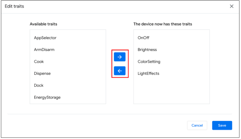 Cette figure montre l&#39;outil d&#39;expérience utilisateur permettant d&#39;ajouter ou de supprimer des caractéristiques compatibles sur un appareil sélectionné dans le Google Home Playground.