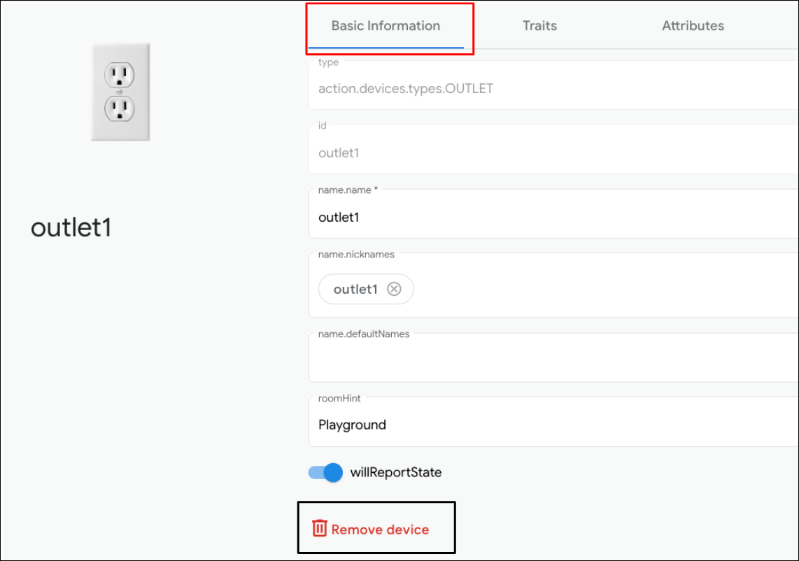 この図は、Terraform で仮想デバイスタイプを削除する UX ツールを示しています。
            Google Home のプレイグラウンド。