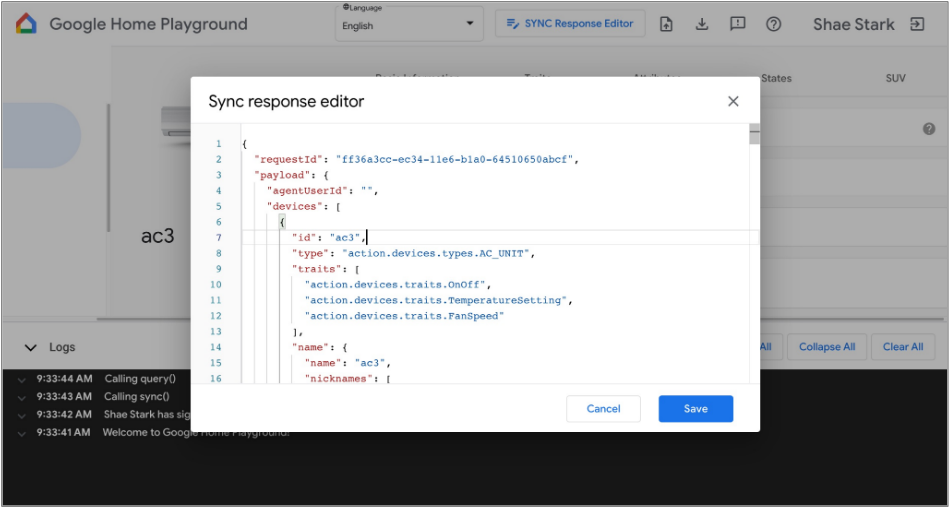 This figure shows the window to edit the sync response.