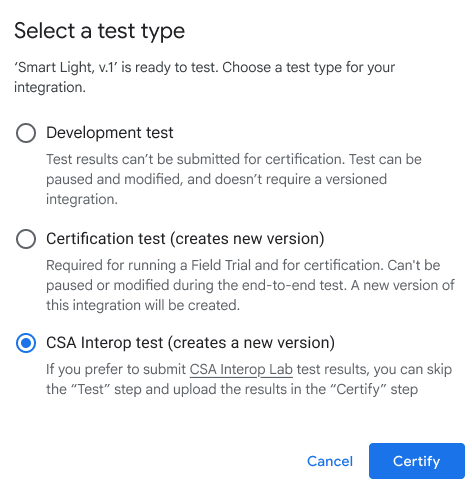Creazione di un nuovo piano di test con tre opzioni